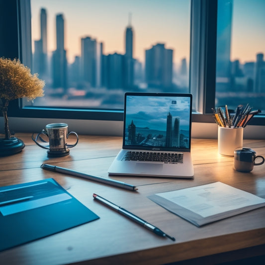 A minimalist illustration of a merchant's desk with a tidy laptop, a few organized papers, and a single pen, surrounded by subtle hints of digital payment symbols and a blurred cityscape in the background.