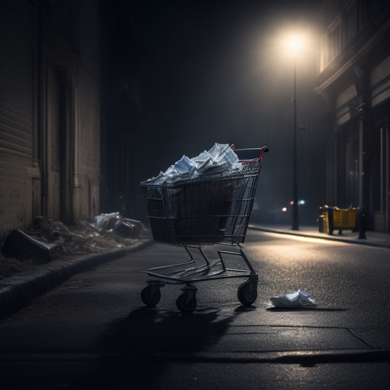 A hauntingly dim, abandoned shopping cart, overflowing with torn and crumpled receipts, surrounded by eerie shadows and faintly lit by a lone, flickering streetlamp on a desolate city street.