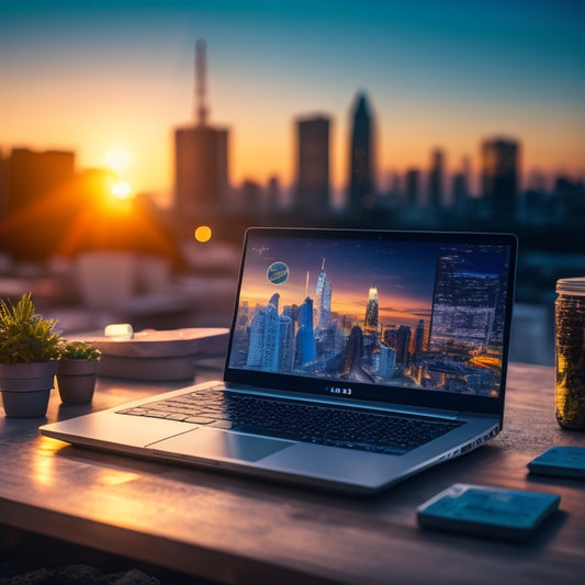 A laptop with a subtle glow, surrounded by various ecommerce symbols like shopping carts, coins, and graphs, set against a blurred background of a cityscape at sunset.