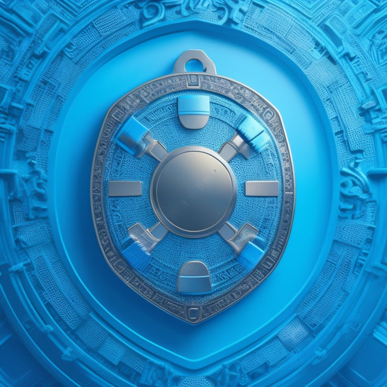 A stylized illustration of a shield with a credit card in the center, surrounded by concentric circles of locks, gears, and puzzle pieces, set against a calming blue background with subtle gradient effects.