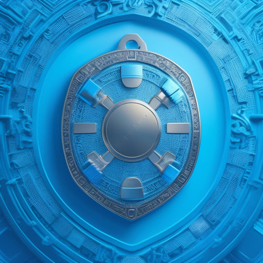 A stylized illustration of a shield with a credit card in the center, surrounded by concentric circles of locks, gears, and puzzle pieces, set against a calming blue background with subtle gradient effects.