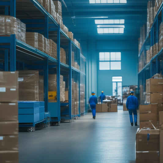 A tidy warehouse interior with neatly organized shelves, a conveyor belt, and a few workers in the background efficiently packing boxes, amidst a subtle background of soft, calming blue tones.