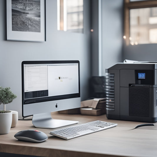 A modern, minimalist desktop with a sleek barcode printer, a laptop, and a few printed barcode labels scattered around, surrounded by subtle, blurred office background elements.