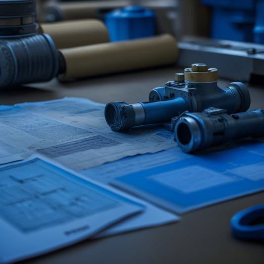 A close-up of a worn-out Haas machine tool part, surrounded by scattered blueprints, wrenches, and diagnostic reports, with a faint outline of a factory floor in the blurred background.