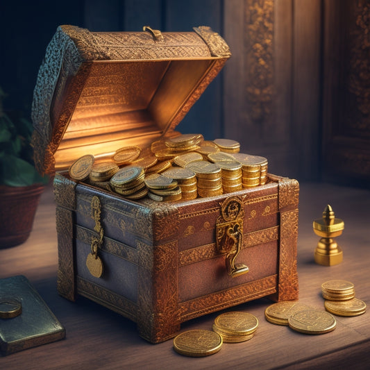 An illustration depicting a treasure chest overflowing with gold coins, surrounded by Amazon packages and a faint outline of a profit graph in the background, with a subtle lock and key element.