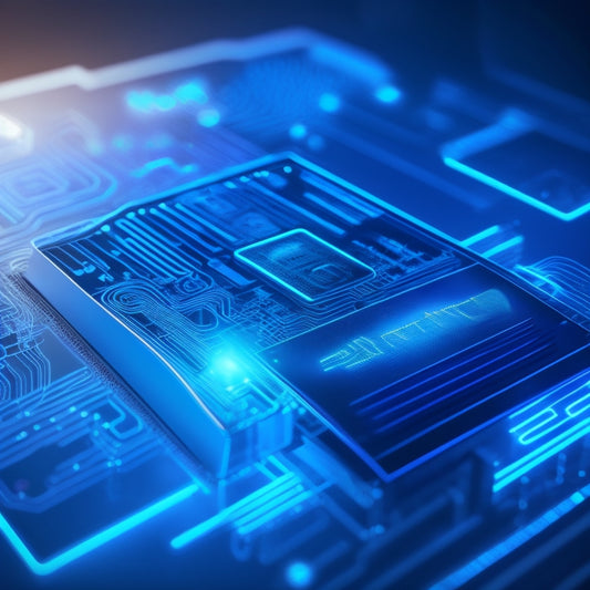 A futuristic, high-tech illustration of a digital payment system: sleek, silver circuits and microchips interconnected, with glowing blue lines and pulses, set against a dark, gradient blue background.