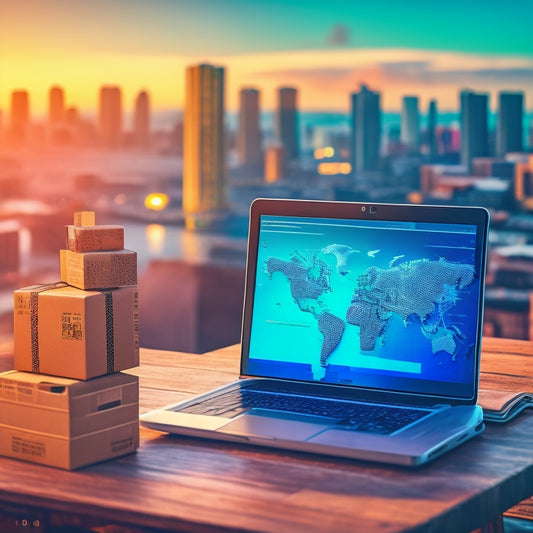 An illustration of a person standing in front of a laptop, surrounded by boxes and shipping materials, with a cityscape or global map in the background, symbolizing online business expansion.
