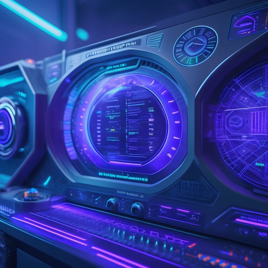A futuristic dashboard with glowing blue lines and circuits, featuring a central gear with moving parts, surrounded by orbiting spheres and subtle lighting effects, set against a dark gray and purple gradient background.