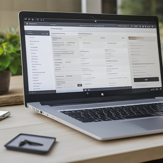 A screenshot of a digital form with various fields, checkboxes, and a signature box, surrounded by editing tools and a "Share" button, on a sleek, modern laptop screen with a blurred background.