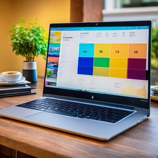 A bright, modern laptop with a split-screen display, showcasing a sales training dashboard on one side and a sales funnel infographic on the other, surrounded by colorful sticky notes and a cup of coffee.