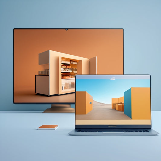 A futuristic, minimalist illustration of a laptop screen displaying a split-screen comparison: a cluttered, outdated physical store on one side, and a sleek, organized digital store on the other, with 1s and 0s swirling around it.
