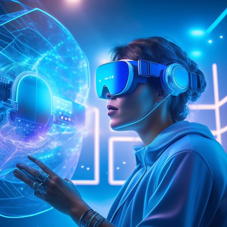 A futuristic, minimalist illustration of a person surrounded by 3D product holograms, with virtual reality goggles and controllers, in a sleek, silver, and blue-lit environment, with subtle circuitry patterns.