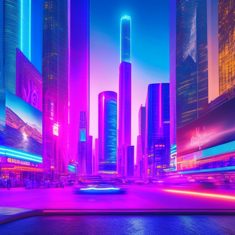 A futuristic cityscape with sleek skyscrapers, neon lights, and holographic advertisements, featuring a giant smartphone screen displaying a digital coupon, surrounded by swirling shopping bags and discount tags.