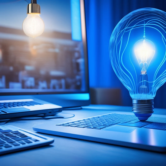 A stylized, modern illustration depicting a lightbulb moment above a laptop, surrounded by swirling lines and shapes in shades of blue, symbolizing innovation and e-commerce growth.