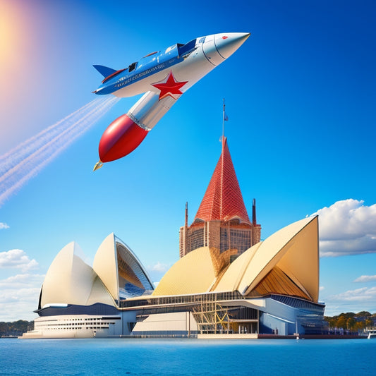 A stylized illustration of the Sydney Opera House with a rocket ship blasting off from its rooftop, leaving a trail of shopping bags and Australian flags in its wake, set against a bright blue sky.
