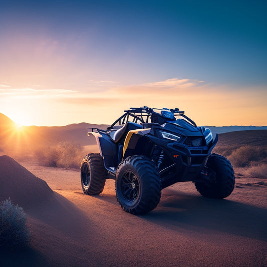 A high-angle shot of a sleek, black CFORCE 450 ATV, centered on a rugged, dirt terrain, with a subtle hint of mist and sunlight casting a warm glow on the vehicle's metallic surface.