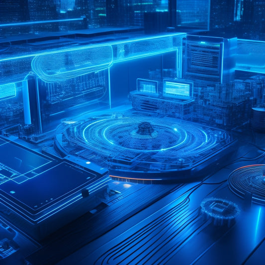 A futuristic hub with glowing blue circuits and wires, surrounded by various devices (smartphone, tablet, laptop, smartwatch) seamlessly connected, with pulsing lights and swirling data streams.