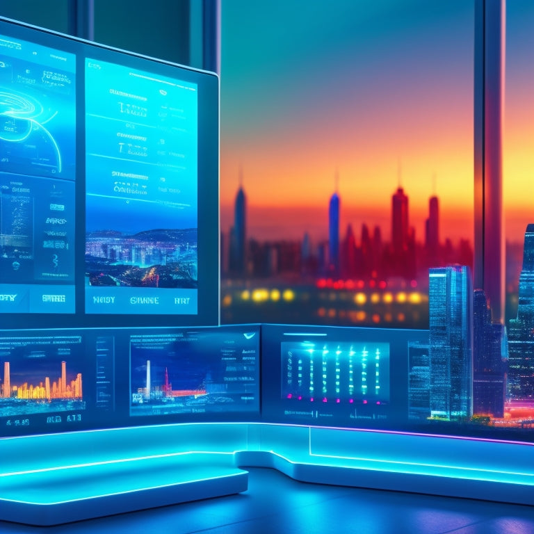 A futuristic, sleek ecommerce platform dashboard with holographic screens, robotic arms, and a cityscape in the background, conveying innovation and efficiency.