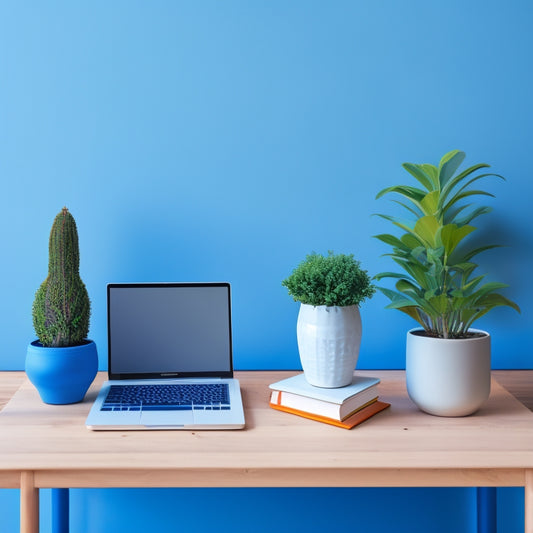 A serene, minimalist illustration featuring a laptop on a wooden desk, surrounded by a few neatly arranged books and a small potted plant, with a subtle, gradient blue background and a few subtle, swirling patterns of binary code.