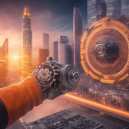 A futuristic, high-tech illustration featuring a robotic arm holding a Magento 2 logo, surrounded by swirling code snippets, gears, and circuit boards, with a subtle cityscape background.