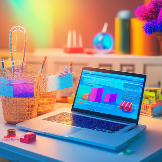 An illustration of a laptop displaying a thriving online store, surrounded by rising graphs, trophies, and confetti, with a subtle background of a maze being navigated by a shopping cart.