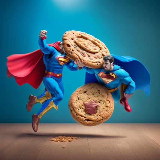 A whimsical illustration of a superhero duo: a JavaScript "J" shield-wielding hero and a cookie-shaped sidekick with a bite taken out, standing back-to-back amidst swirling code and cookie crumbs.