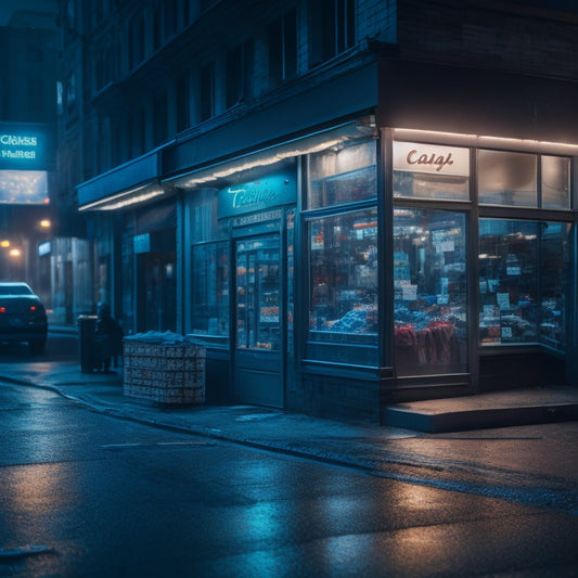A darkened cityscape at dusk with shattered storefront windows, scattered coins, and torn receipts littering the sidewalk, amidst a backdrop of flickering neon "open" signs and dimly lit alleys.