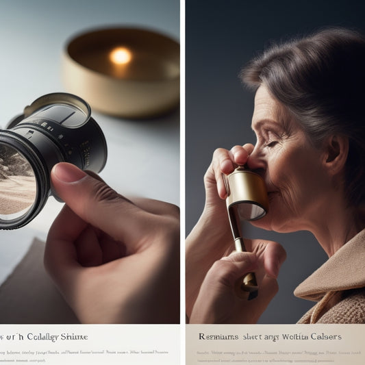 A split-screen image featuring a magnifying glass zoomed in on a seller's rating stars on the left, and a person's silhouette with a blurred-out username on the right, set against a neutral beige background.
