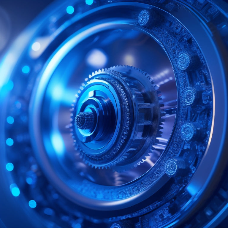 A futuristic, sleek, silver gear mechanism with interconnected cogs, surrounded by orbiting, glowing blue circles, set against a dark, gradient blue background, with subtle, pulsing lights.