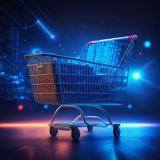 A futuristic, minimalist illustration featuring a stylized shopping cart with gears and circuits visible beneath its metallic surface, surrounded by orbiting code snippets and glowing digital pathways.