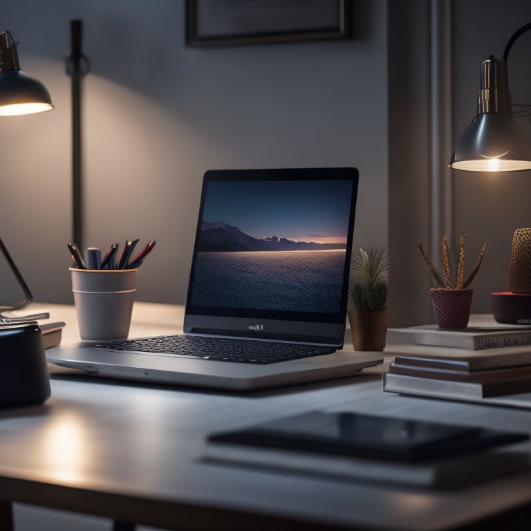 Illustrate a serene, organized workspace with a laptop, a single notebook, and a minimalistic desk lamp, surrounded by subtle, blurred ecommerce icons and faint payment symbols in the background.