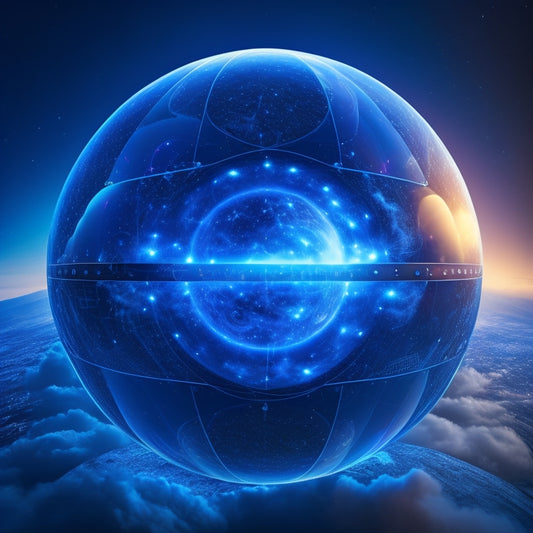A futuristic, spherical search engine with glowing blue circuits and wires, surrounded by orbiting, swirling clouds of data, set against a dark, starry night sky.