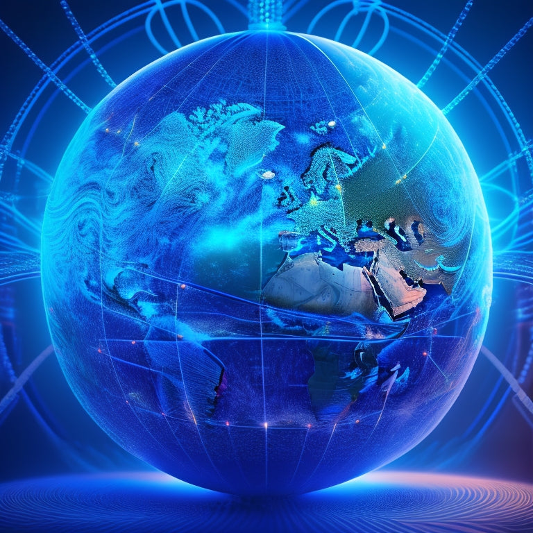 A stylized illustration of a globe with glowing blue circuits and wires crisscrossing its surface, surrounded by abstract, swirling patterns of 1s and 0s, with a subtle Netherlands-inspired color palette.