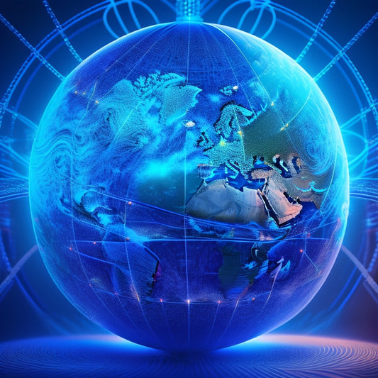 A stylized illustration of a globe with glowing blue circuits and wires crisscrossing its surface, surrounded by abstract, swirling patterns of 1s and 0s, with a subtle Netherlands-inspired color palette.