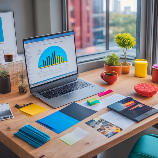 A modern, minimalist workspace with a laptop, earbuds, and a cup of coffee, surrounded by colorful sticky notes, diagrams, and charts, with a subtle cityscape background and a hint of creative chaos.