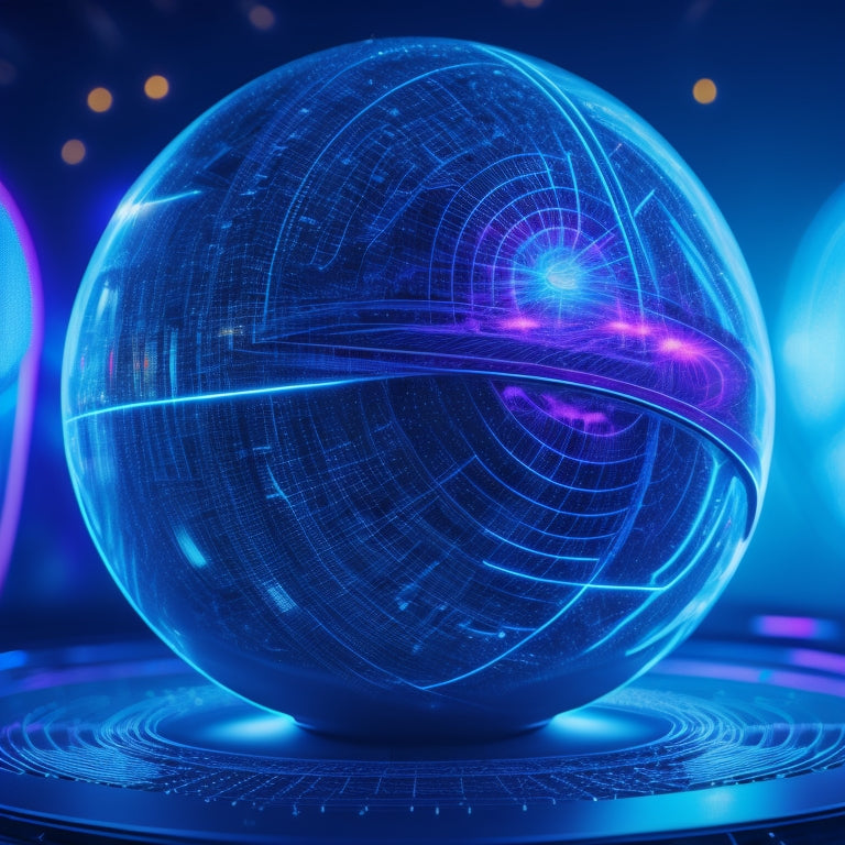 A futuristic, sleek, silver sphere with glowing blue circuits and wires, surrounded by swirling, neon-lit commerce icons, such as shopping carts and credit cards, on a dark, gradient background.