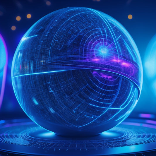 A futuristic, sleek, silver sphere with glowing blue circuits and wires, surrounded by swirling, neon-lit commerce icons, such as shopping carts and credit cards, on a dark, gradient background.