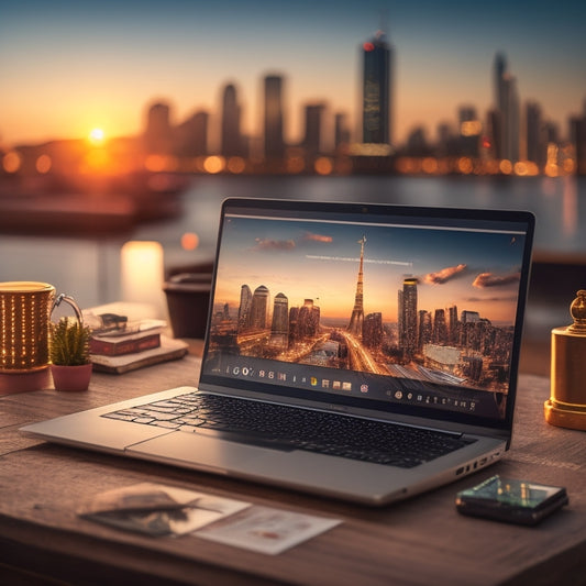 A laptop screen displaying a dashboard with various e-commerce and educational icons, surrounded by coins, shopping bags, and a subtle background of a cityscape at sunset.