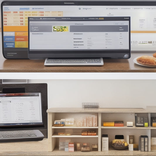 A split-screen image featuring a bustling storefront on the left, with a point-of-sale terminal and credit card machines, alongside a laptop on the right, displaying a merchant account dashboard with various payment options and analytics graphs.