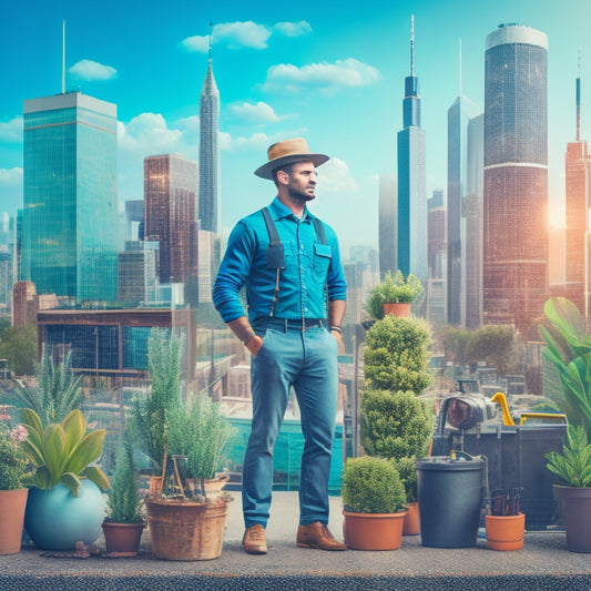 A vibrant illustration of a small business owner standing in front of a growing plant, surrounded by various tools and gadgets, with a cityscape in the background, symbolizing growth and success.