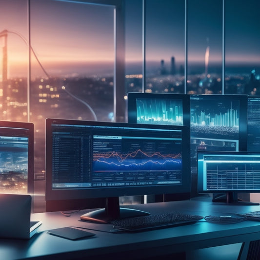 A futuristic dashboard with glowing graphs, charts, and gauges, surrounded by laptops, tablets, and smartphones, with a cityscape at dusk in the background, symbolizing business growth and technology.
