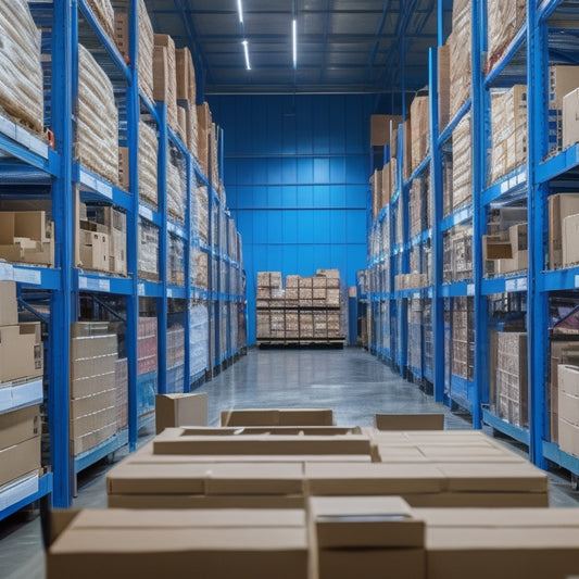 A clutter-free warehouse with shelves and boxes in the background, a tablet or laptop in the foreground displaying a digital inventory management dashboard with colorful graphs and charts.