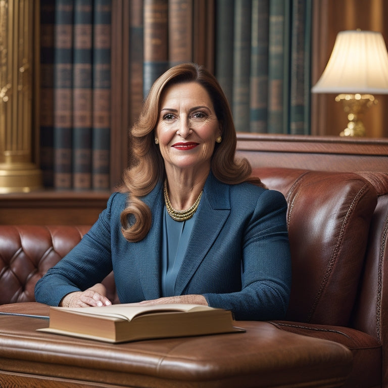 A regal, professional portrait of Helen Christakos, with a warm, genuine smile, sitting in a luxurious, oak-paneled office, surrounded by leather-bound law books and a subtle, golden lighting.