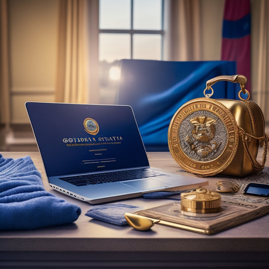 A golden California state seal breaks free from a shattered shopping bag, surrounded by flying laptops, smartphones, and tablets, with a subtle e-commerce website interface in the background.