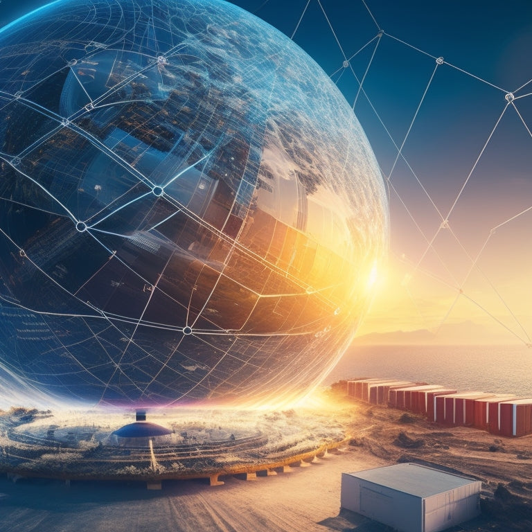 A futuristic, high-tech background with interconnected circles and lines, featuring a stylized globe with shipping containers and documents swirling around it, merging into a single, sleek interface.