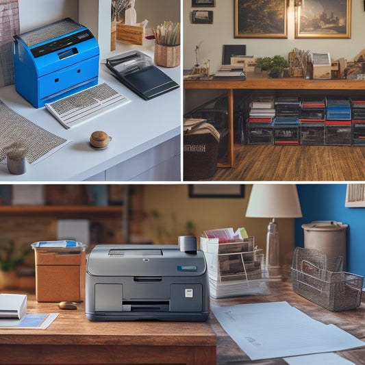 A split-screen image featuring a cluttered workspace with scattered papers, stamps, and a traditional printer on one side, and a tidy workspace with a single, sleek printer and a few neatly stacked boxes on the other.