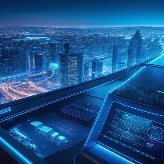 A futuristic, high-tech dashboard with flashing screens, wires, and circuit boards, surrounded by a cityscape at night, with a subtle, glowing blue tone, conveying speed, security, and innovation.