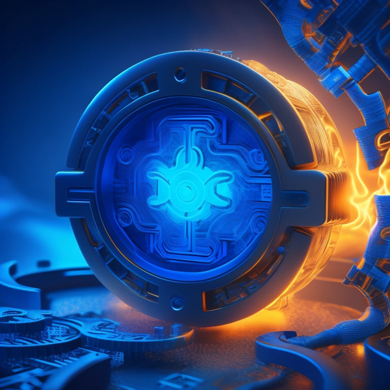 A stylized, futuristic illustration of a fiery puzzle piece locking into place, surrounded by swirling patterns of flames, circuits, and gears, set against a dark, gradient blue background.