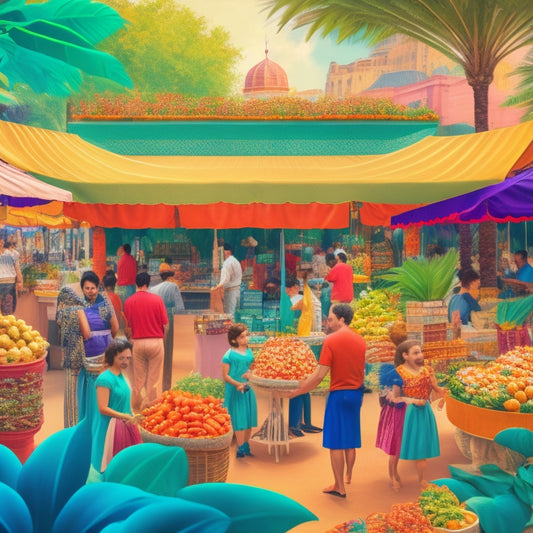 A vibrant illustration of a bustling community marketplace: colorful stalls, diverse vendors, and lively customers interacting, surrounded by lush greenery, with a subtle cityscape in the background.
