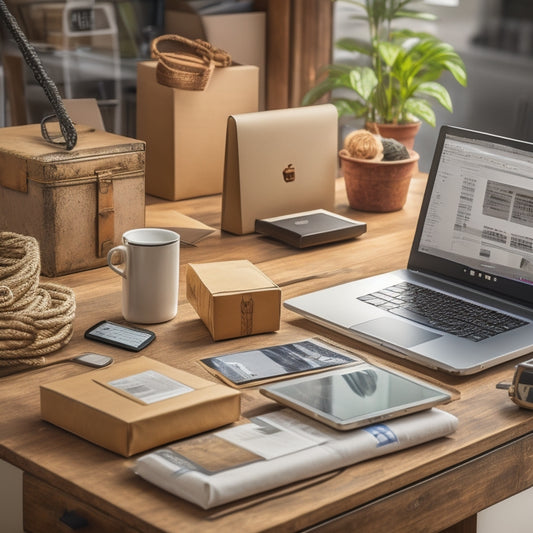 An illustration of a merchant's desk with a laptop, surrounded by various digital devices and icons, such as tablets, smartphones, and e-readers, with packages and envelopes in the background.